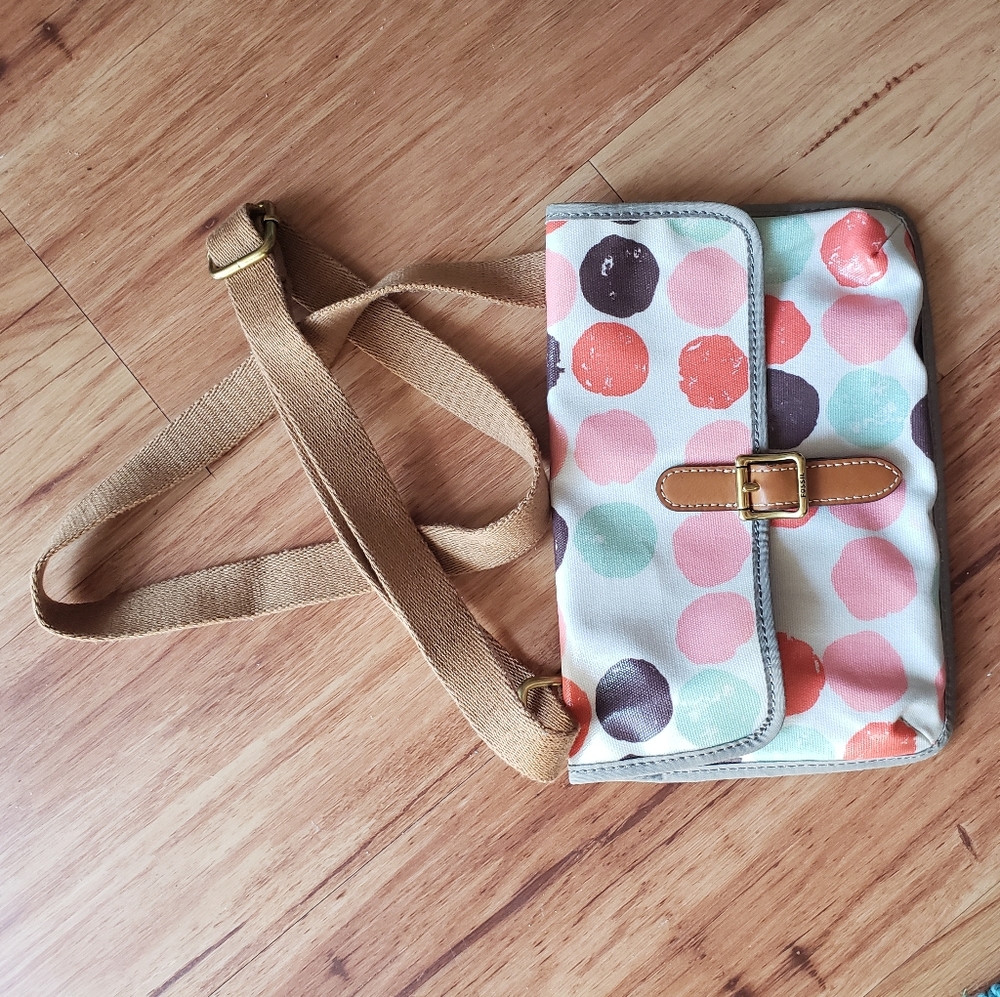Fossil multi-colored polkadot purse with adjustable tan strap